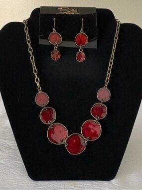 Zacks Deep Ruby Red Necklace & Pierced Earrings Jewelry Set